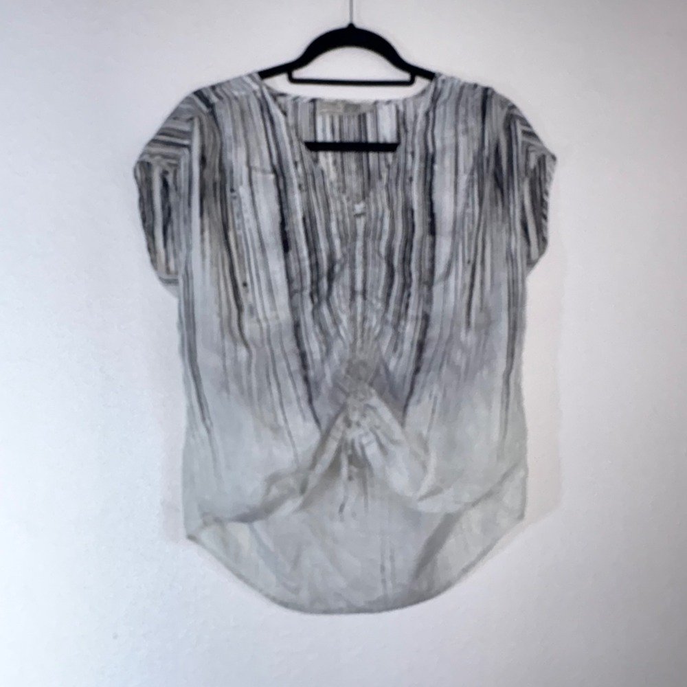 Go by GoSilk Blouse Small Black White  Washable Silk Abstract Stripe Cinched